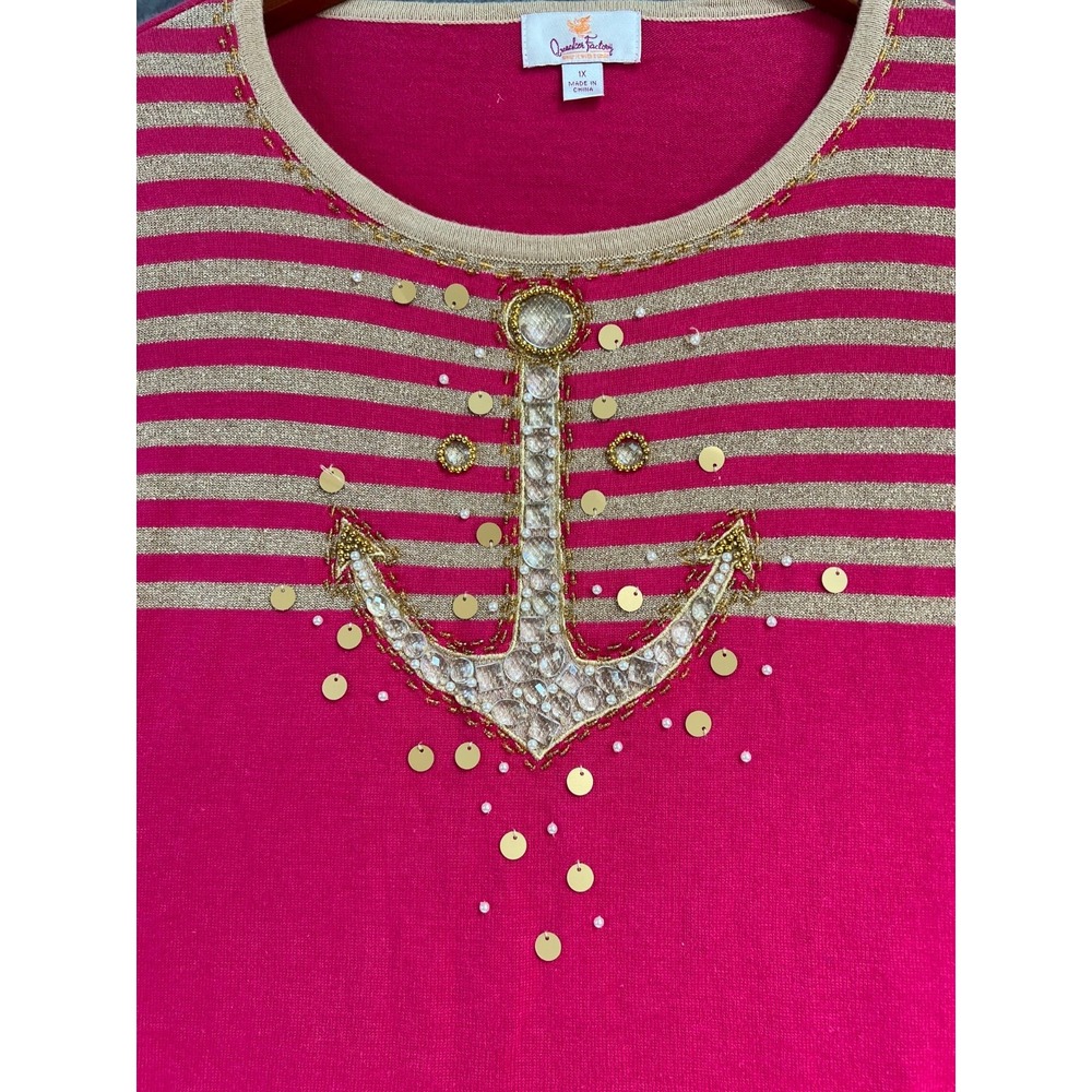 Quacker Factory Sweater Womens 1X Pink Gold Anchor Beaded Sequin Novelty - Picture 4 of 6